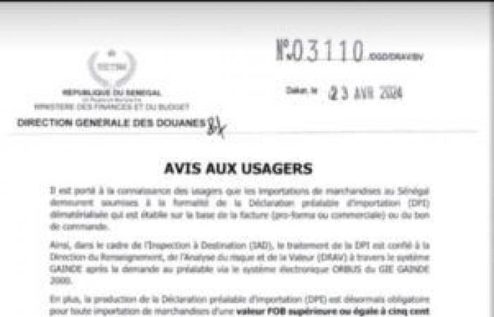 La declaración previa de importación (DPI) ahora es obligatoria a partir de 500.000 francos CFA