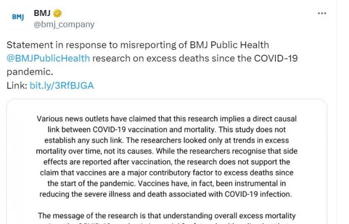¿Un estudio publicado en el BMJ demuestra que la vacunación contra el Covid ha provocado un exceso de mortalidad mundial? Es falso