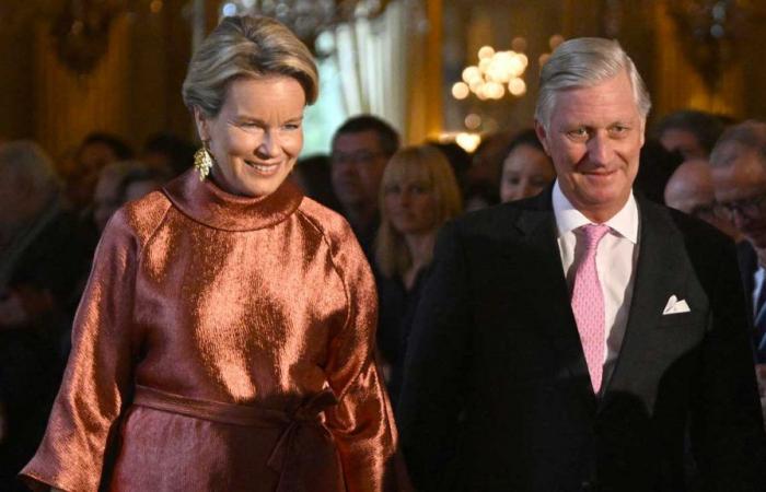 La reina Mathilde brilla con un traje cobrizo de Natan