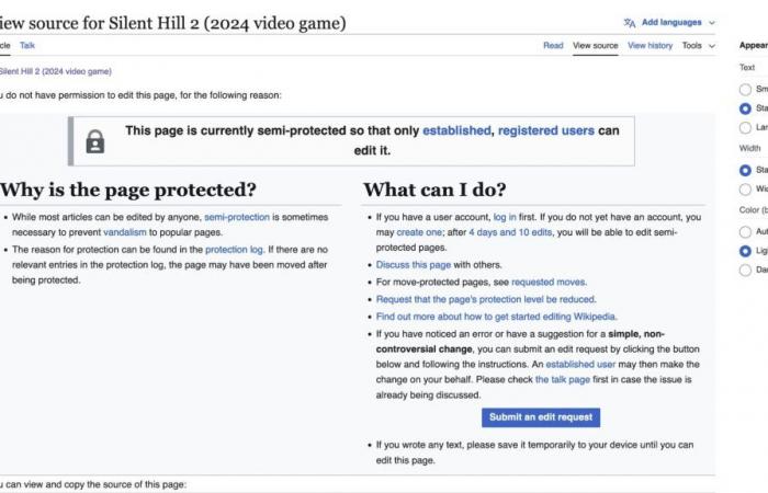 Página de Wikipedia de Silent Hil 2 Remake destrozada