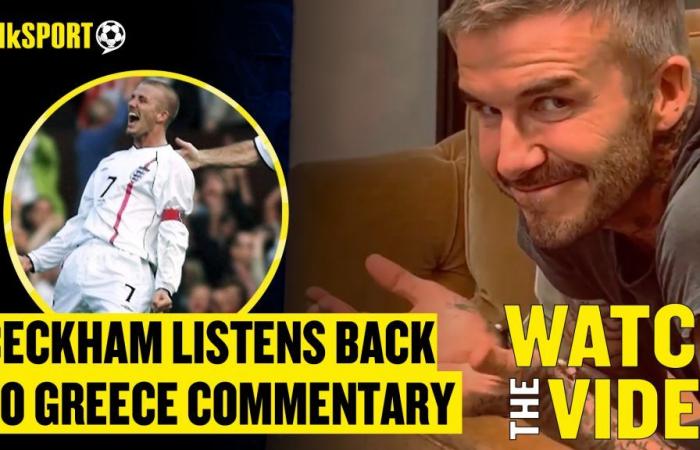 El emotivo David Beckham escucha el comentario de su famoso gol de tiro libre con Inglaterra contra Grecia en 2001.