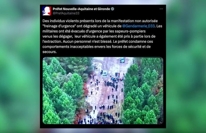 Un vehículo de la gendarmería dañado durante una manifestación no autorizada en Gironda