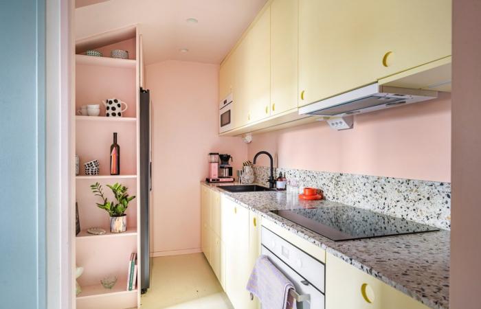 Un apartamento color pastel de 55 m2 bajo techo con un encanto único