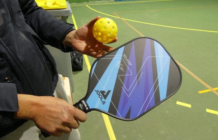 una divertida pelota amarilla rebota en la sala de tenis