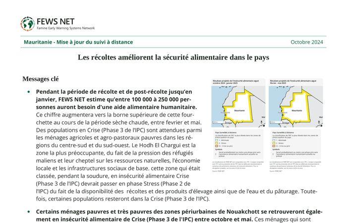 Mauritania Actualización del monitoreo remoto de octubre de 2024: Las cosechas mejoran la seguridad alimentaria en el país – Mauritania