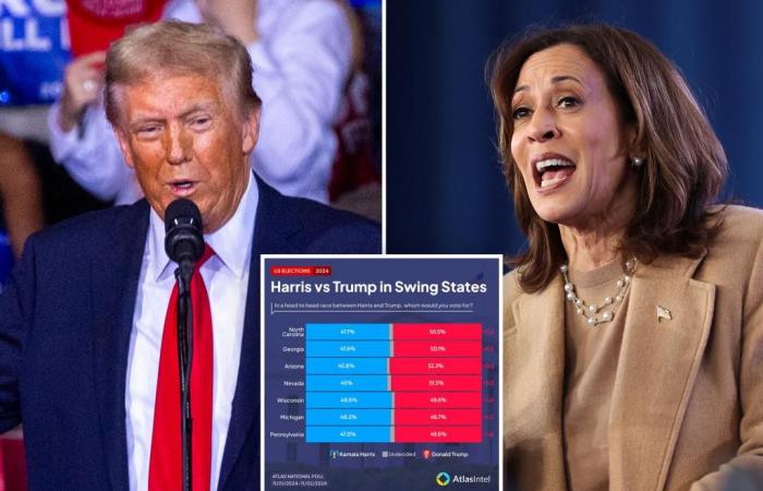 Trump lidera a Harris en todos los estados indecisos: nueva encuesta