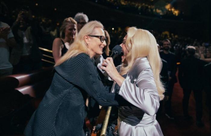 Adele abraza a Meryl Streep durante un concierto, con un outfit homenaje a la actriz