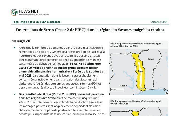 Togo Actualización del monitoreo remoto de octubre de 2024: Resultados del estrés (Fase 2 de CIF) en la región de Savanes a pesar de las cosechas, 2024 – Togo