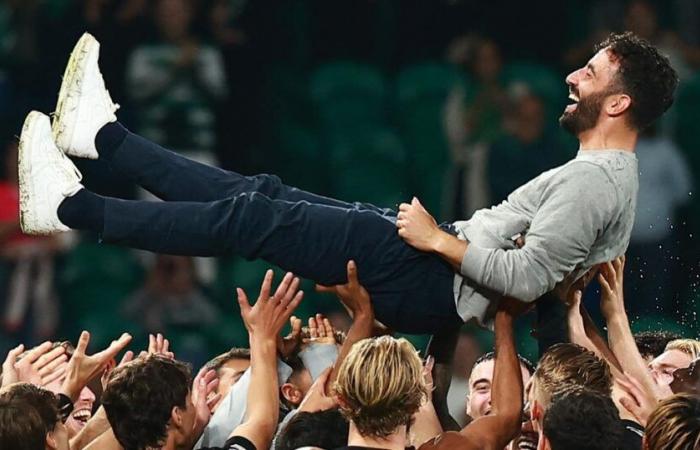 La emoción de Rubén Amorim, triunfante tras la victoria del Sporting ante el Manchester City