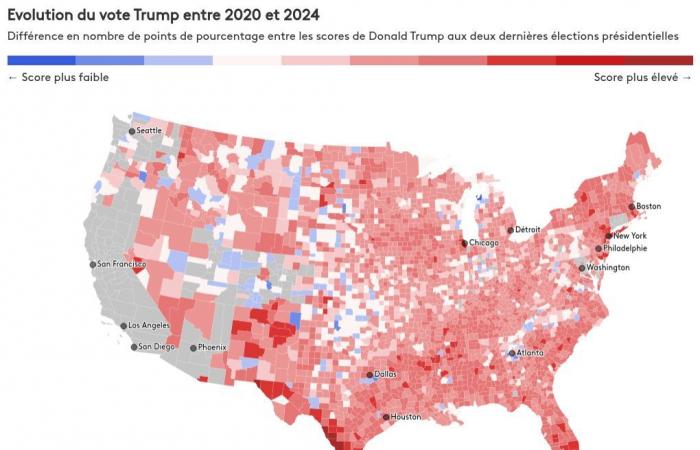 visualizar la evolución del voto a Donald Trump respecto a 2020, condado por condado