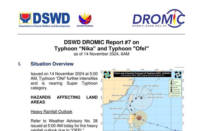 Informe DSWD DROMIC n.º 7 sobre el tifón “Nika” y el tifón “Ofel” al 14 de noviembre de 2024, 6 a.m. – Filipinas