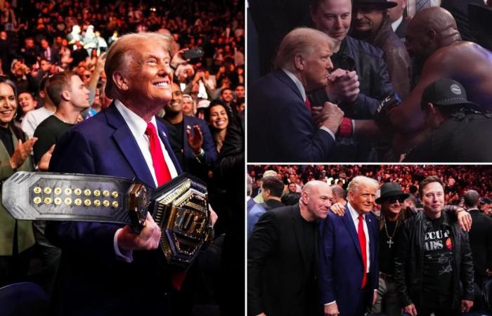 Trump fue recibido con un estruendoso aplauso en su regreso triunfal a MSG para UFC 309 con Elon Musk y Mike Johnson a cuestas.