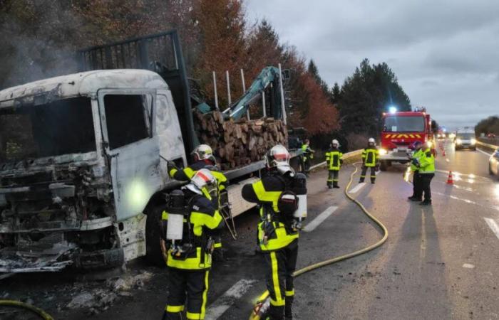 Sementales. Un vehículo pesado que transporta leña ardiendo en la RN 57