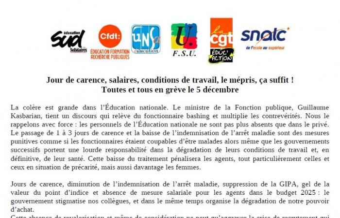 Comunicado de prensa intersindical – Jornada de espera, salarios, condiciones de trabajo, desprecio, ¡ya basta! Todos en huelga el 5 de diciembre