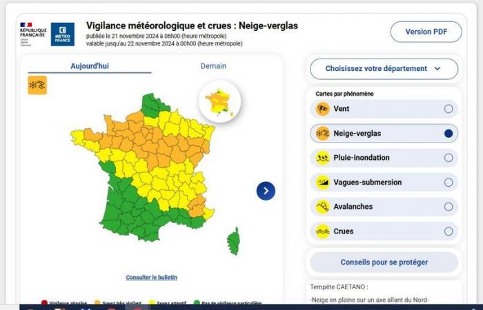 MAPA. Tormenta invernal Caetano: vientos violentos, lluvias y primeras nevadas, Météo France cambia 54 departamentos a vigilancia naranja y 37 a amarilla