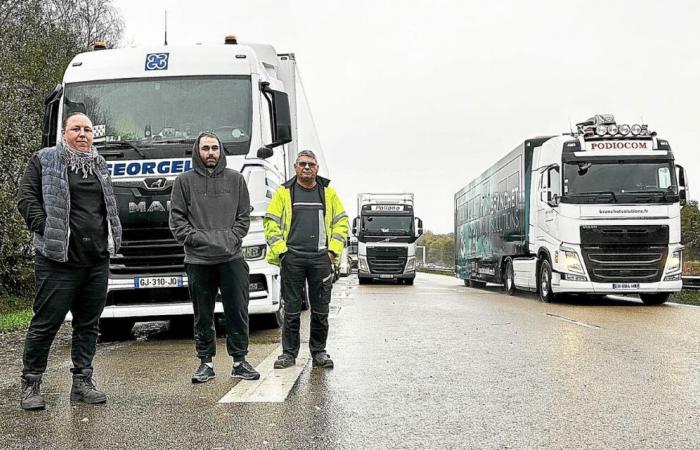 Al detenerse en la RN12 cerca de Morlaix debido a la nieve, los camioneros aprovechan para “socializar”