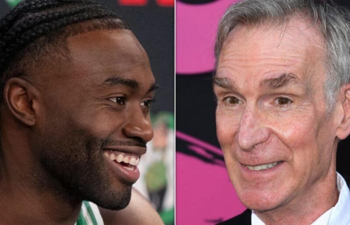 La estrella de la NBA Jaylen Brown tiene una dulce reacción al conocer al héroe de la infancia Bill Nye