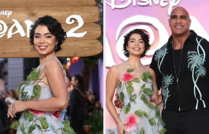 Auliʻi Cravalho y Dwayne Johnson combinan pétalos y palmas con un vestido floral 3D de Oscar de la Renta y una chaqueta Amiri en el estreno de ‘Moana 2’