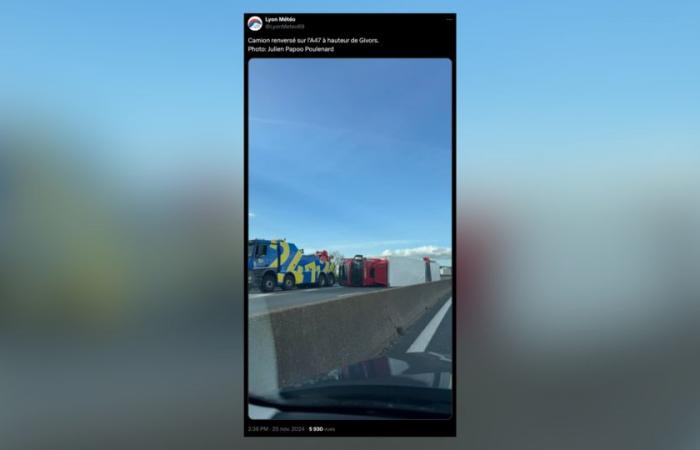 Impresionantes imágenes de un camión tirado en la A47 tras fuertes ráfagas de viento cerca de Lyon