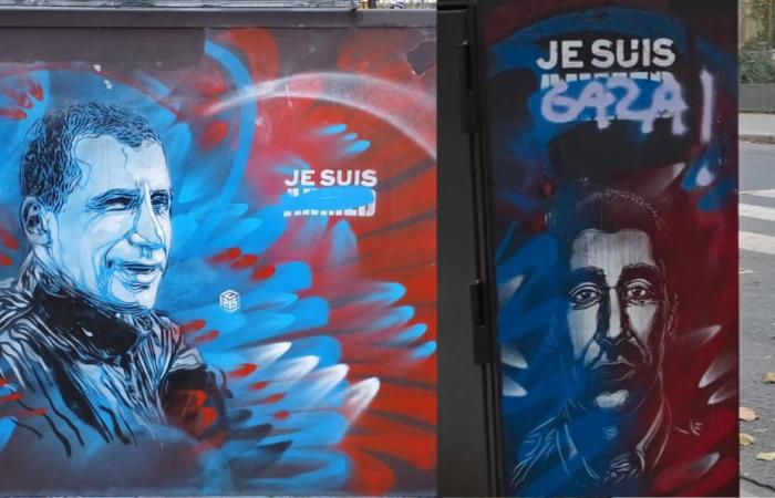 En París, una etiqueta “Yo soy Gaza” cubría el fresco homenaje a un oficial de policía asesinado.