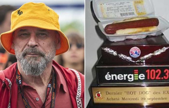 Guy Laliberté posee el último hot dog vendido en un partido de los Expos en el Estadio Olímpico