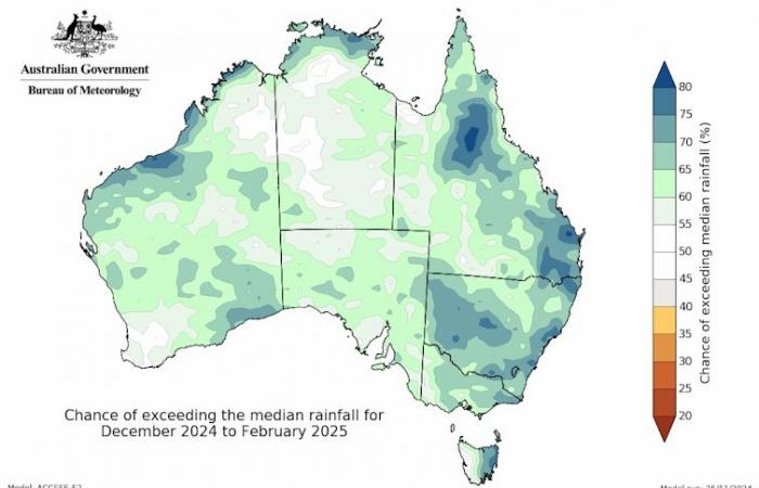 Este verano probablemente será más húmedo y cálido para la mayoría de los australianos, según el pronóstico de la oficina