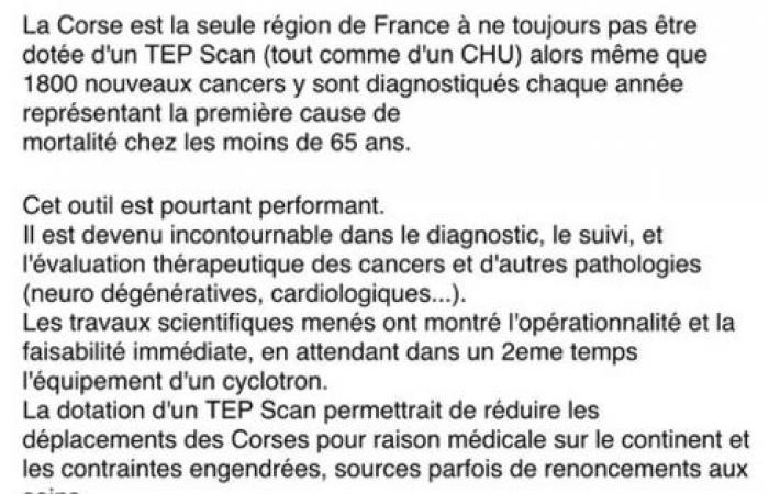 En una columna, los médicos lamentan que Córcega sea “la única región de Francia que todavía no dispone de un escáner PET” para diagnosticar el cáncer.