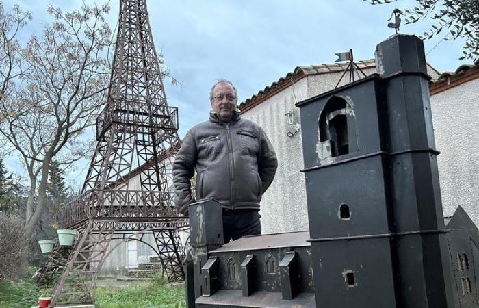 Una maqueta de la Torre Eiffel y la iglesia de San Félix en su jardín.