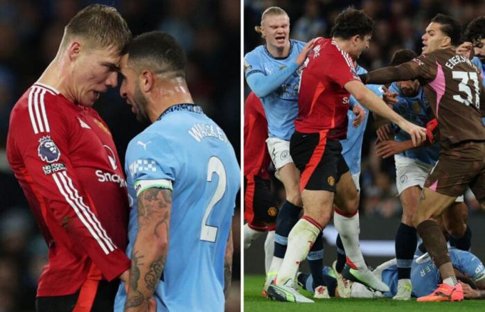 El furioso Harry Maguire se enfrenta a Kyle Walker en una gran disputa mientras el choque de Man Utd en Man City se convierte en un caos.