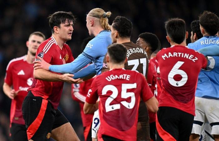 El furioso Harry Maguire se enfrenta a Kyle Walker en una gran disputa mientras el choque de Man Utd en Man City se convierte en un caos.