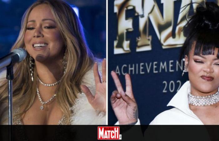 Mariah Carey firma un autógrafo en el pecho de Rihanna durante un concierto de Navidad (VIDEO)