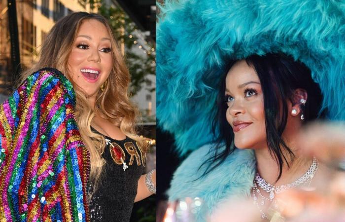 Mariah Carey firma un autógrafo en el pecho de Rihanna durante un concierto de Navidad