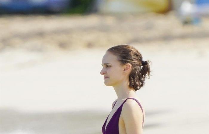 Natalie Portman, de 43 años, luce increíble en un escotado traje de baño morado mientras toma el sol en St Barts.