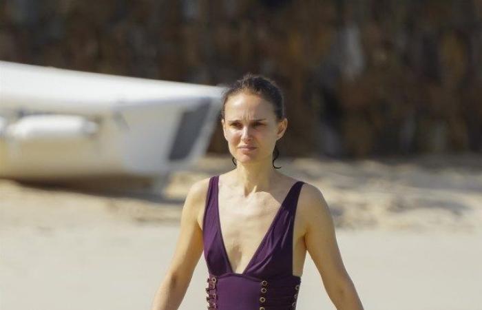 Natalie Portman, de 43 años, luce increíble en un escotado traje de baño morado mientras toma el sol en St Barts.