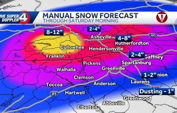 Últimos totales potenciales de nieve y hielo para tormentas de nieve en SC y WNC